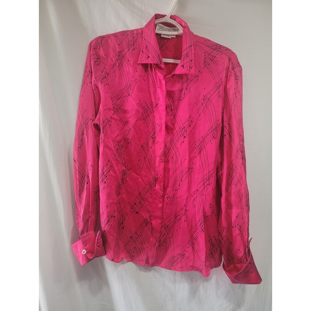 Vintage Starington 100% Silk Blouse Pink Fuchsia Abstract Graphic Size 14